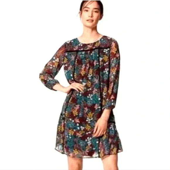 Loft Navy Colorful Wildflower Floral Long Sleeve Mini Shift Dress - Picture 1 of 10